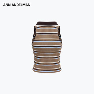 ANN ANDELMAN条纹无袖背心外穿女装V字小翻领撞色修身时尚针织衫