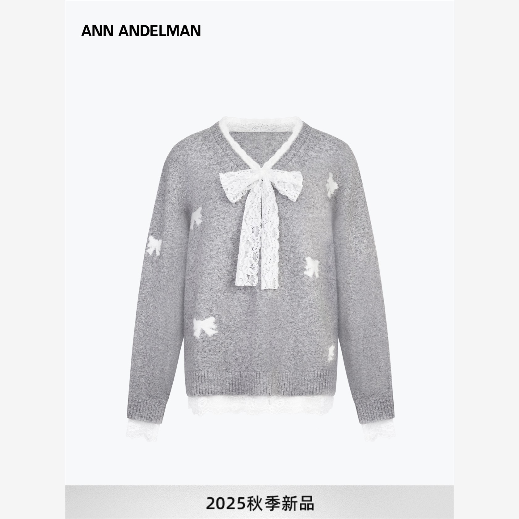 ANNDELM蕾丝蝴蝶结V领设