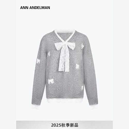 ANNDELM蕾丝蝴蝶结V领设