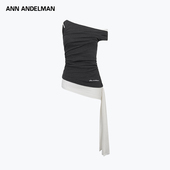 深灰色拼接无袖 ANN ANDELMAN官方直营 上衣设计感飘带拼接斜肩T恤