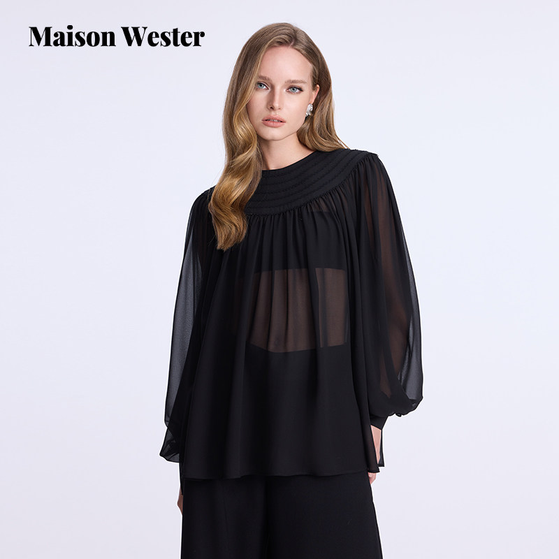 Maison Wester25春季新款女白色气质不挑人圆领蕾丝边雪纺纱上衣