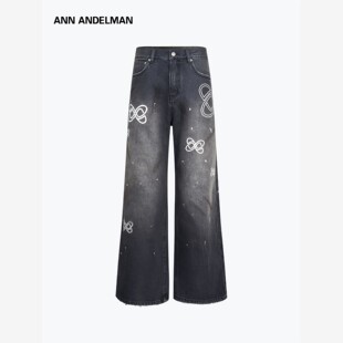 ANN ANDELMAN男女同款 泼墨系列秋冬牛仔裤logo绣花休闲微喇裤子