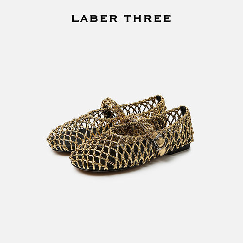 LABER THREE 镂空艺术编织优雅时尚一字带低跟圆头玛丽珍浅口单鞋