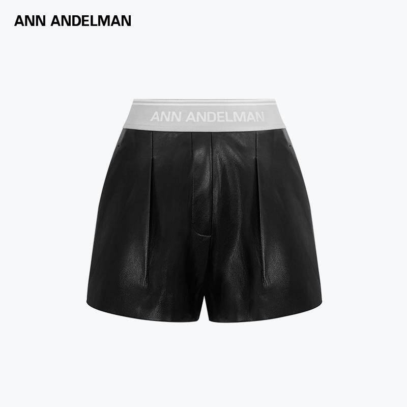 ANN ANDELMAN官方直营黑色短款皮裤2025新品logo弹力腰头简约短裤
