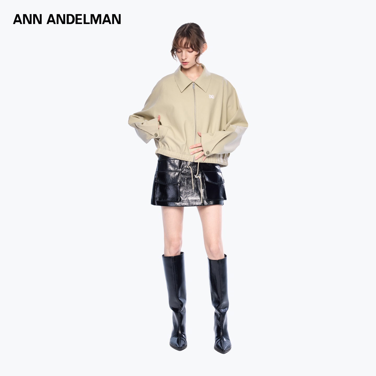 ANNDELM卡其色长袖拉链