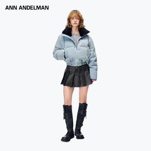 ANN ANDELMAN明星同款短款羽绒服 蓝色毛领加厚面包服 90%灰鸭绒