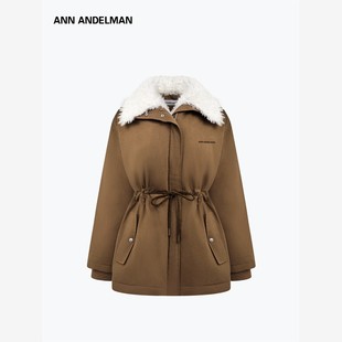 ANN ANDELMAN可拆卸毛领收腰派克羽绒服女覆古休闲棕色冬季外套