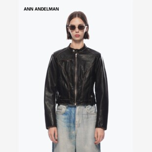 ANN ANDELMAN立领修身皮夹克秋冬短款机车明线装饰棕色皮衣女外套