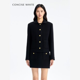 CONCISE-WHITE简白2025秋冬新品翻领金扣外套短款女装独特上衣