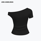 休闲风纯色短袖 ANN ANDELMAN官方直营不对称钮扣T恤斜领露肩修身