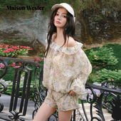 Wester2025年夏季 新款 清新绿色通勤碎花松紧腰短裤 Maison 裤 子