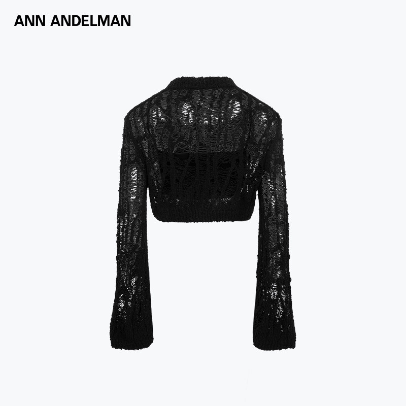 ANN ANDELMAN官方直营黑色破洞喇叭袖修身短款毛织短衫两件套上衣