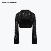 ANDELMAN官方直营黑色破洞喇叭袖 修身 短款 ANN 毛织短衫 两件套上衣