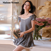 新款 Maison Wester2025夏季 可爱白花边大V领口灰色露肩上衣