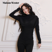 Maison 上衣 黑色弹力不对称长袖 Wester2025夏季 新款