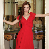 新款 Maison Wester2025夏季 波嬉风度假风荷叶边V领红色连衣裙