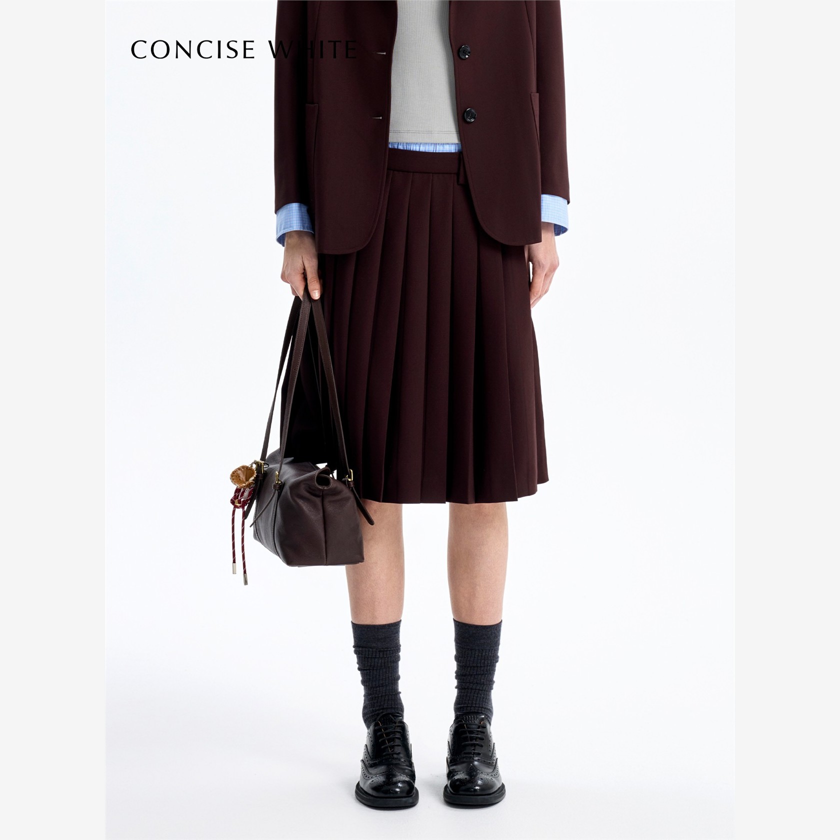 CONCISE-WHITE简白2025秋冬新款拼接百褶裙短裙女黑色好看半身裙