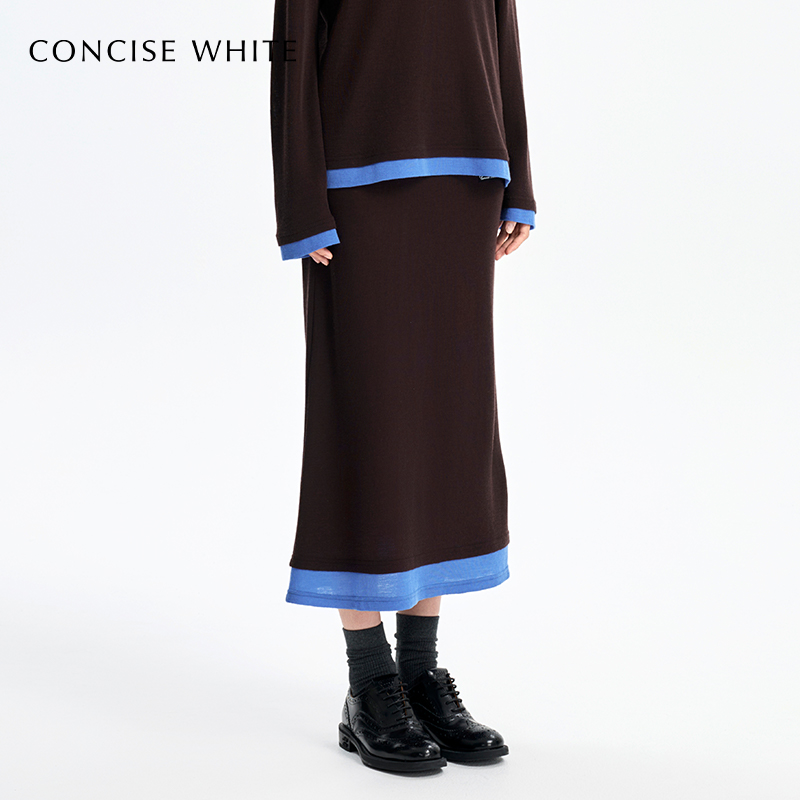 CONCISE-WHITE简白2025秋季新款撞色假两件半裙绵羊毛拼接半身裙