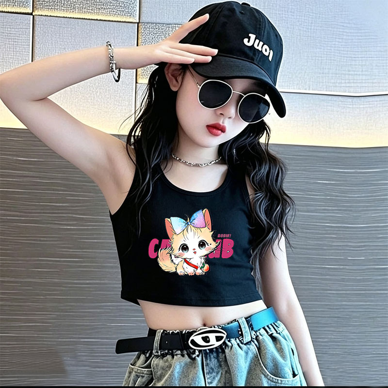 全棉女童无袖上衣夏新款时尚卡通背心女宝甜辣舞蹈露脐短款T恤