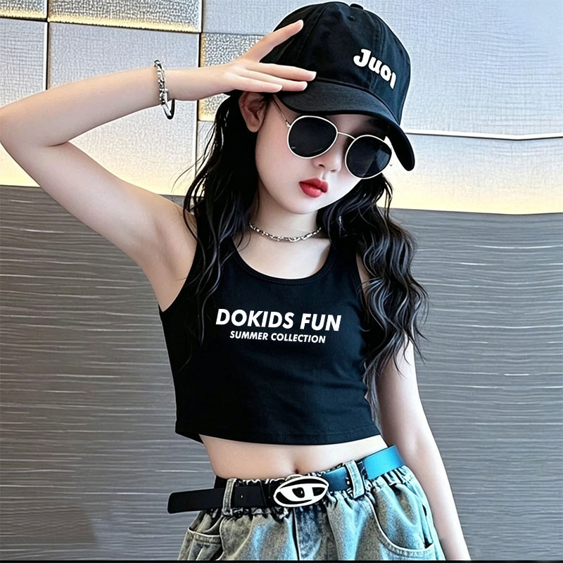 纯棉女童短款背心夏季女宝宝卡通洋气高腰无袖上衣爵士舞表演T恤