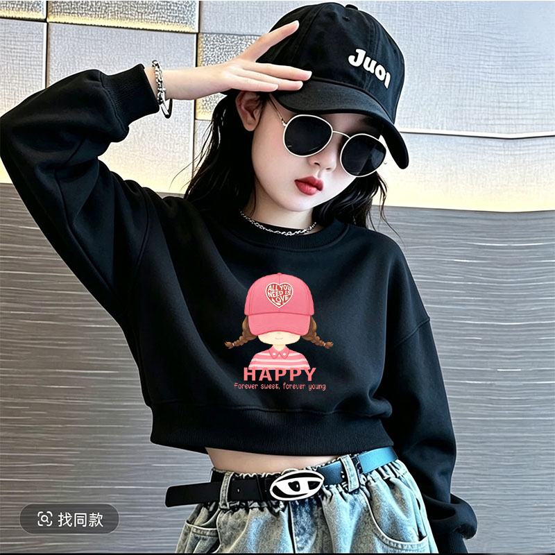 女童短款卫衣春秋冬季新款中大童女孩加绒外套儿童上衣黑色打底衫