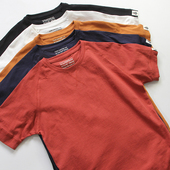 美式 潮 纯棉咔叽复古插肩倒三角圆领T恤打底衫 经典 纯色螺纹边短袖