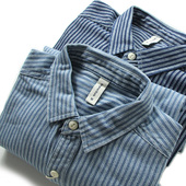 阿美咔叽重磅宽松休闲百搭工装 日系复古条纹长袖 衬衫 休闲衬衣外套