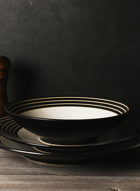 Denby欧式餐具套装 【黑色 高档螺纹盘】餐厅酒店用品陶瓷牛排盘