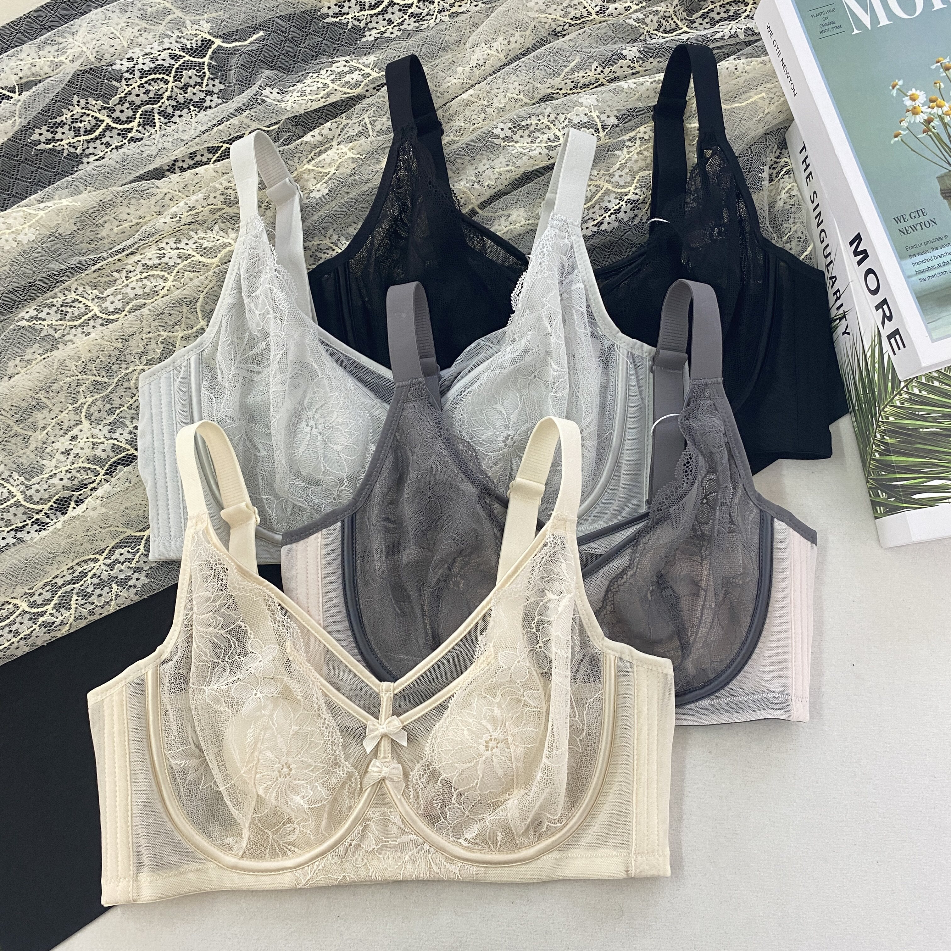 性感蕾丝网纱大胸显小超薄大码内衣女提拉收副乳聚拢软钢圈文胸罩
