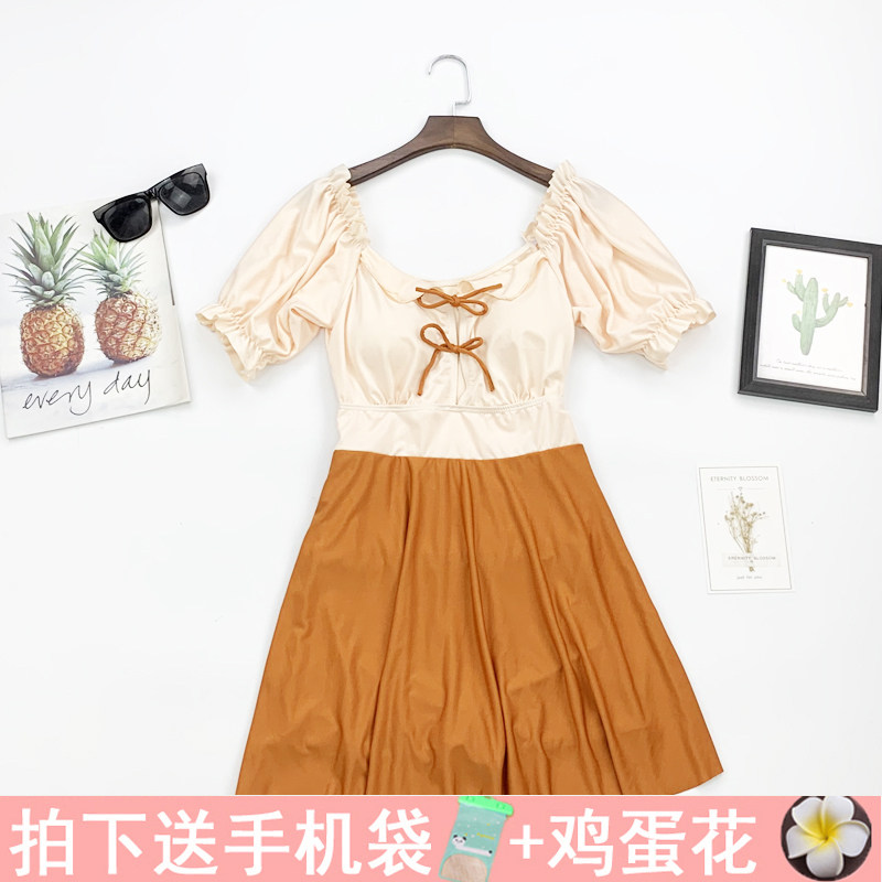 文艺小清新少女泳装高腰裙式连体保守遮肚显瘦修身学生纯色游泳衣