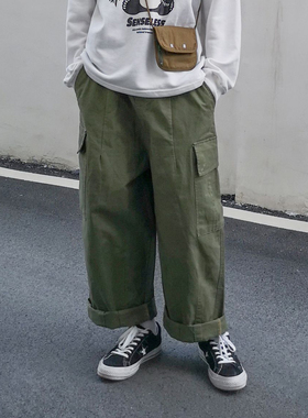 余文乐复古纯色工装裤男国潮牌街头宽松多口袋抽绳束脚休闲潮裤潮