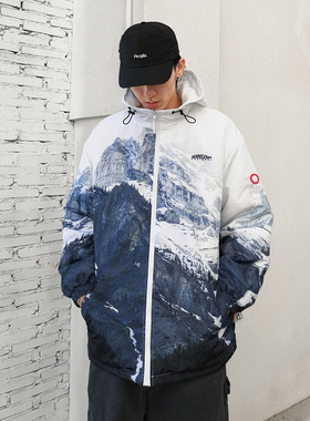 ins原宿日系雪山印花连帽棉衣外套潮牌宽松加厚原创情侣面包服男