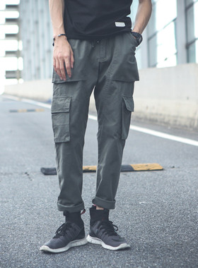 潮牌多口袋工装裤男日系直筒松紧裤子余文乐休闲裤男四季宽松长裤