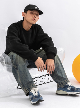 潮牌纯色cityboy圆领银狐绒套头卫衣加绒男女情侣保暖百搭外套男