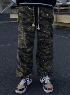 日系复古工装迷彩裤子ins潮牌嘻哈喷墨水洗抽绳裤脚宽松阔腿裤男