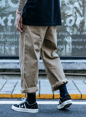 日系街头原宿直筒工装裤男士简约百搭宽松阔腿裤余文乐长裤男女潮