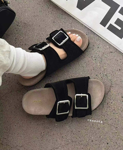 诗歌兰真皮女鞋2026夏季新款 黑色丝绒勃肯女拖鞋搭扣厚底凉拖女