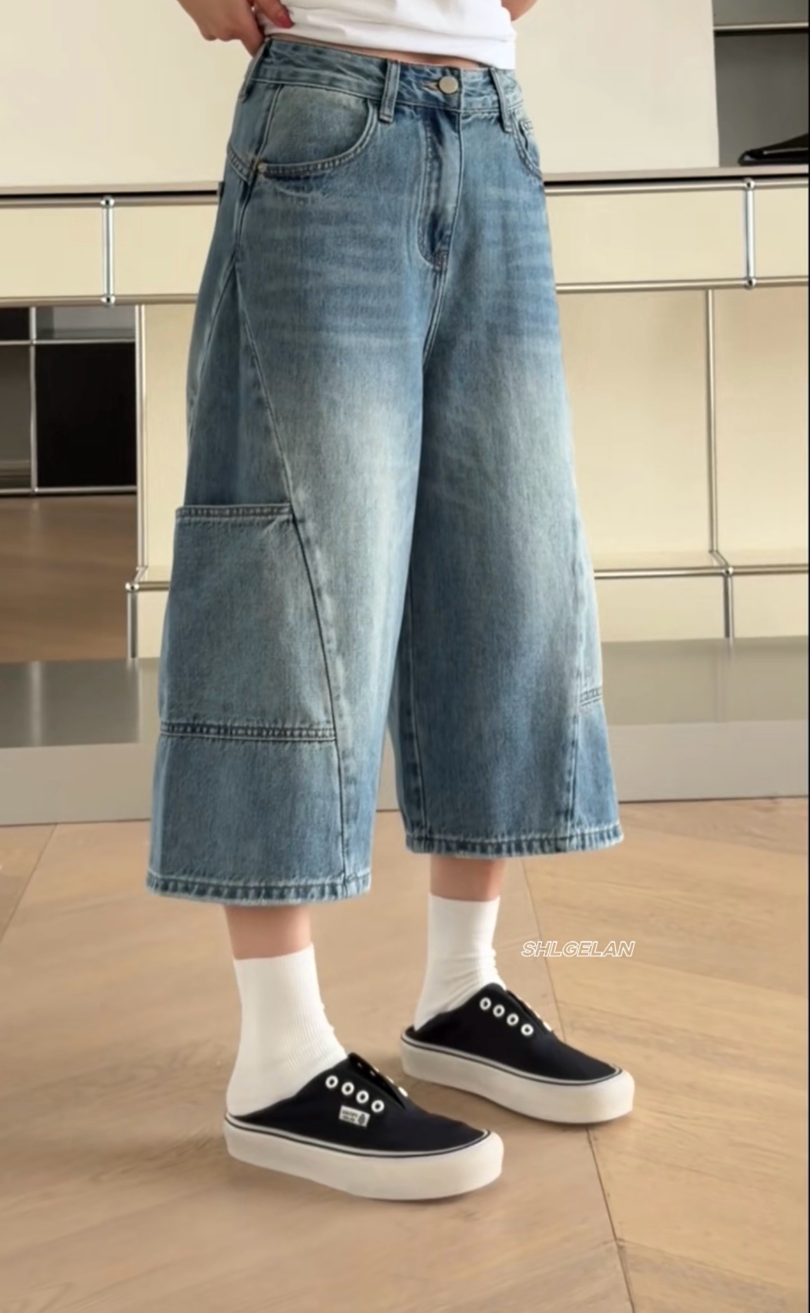 P37213七分裤短裤诗歌兰欧货女装2026春款气质蓝色口袋工装牛仔裤