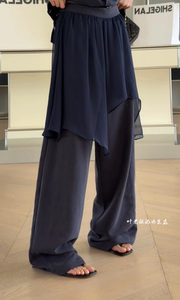 现货T69263洋气屁帘裤诗歌兰女装2026气质藏青蓝拼接雪纺纱夏凉裤