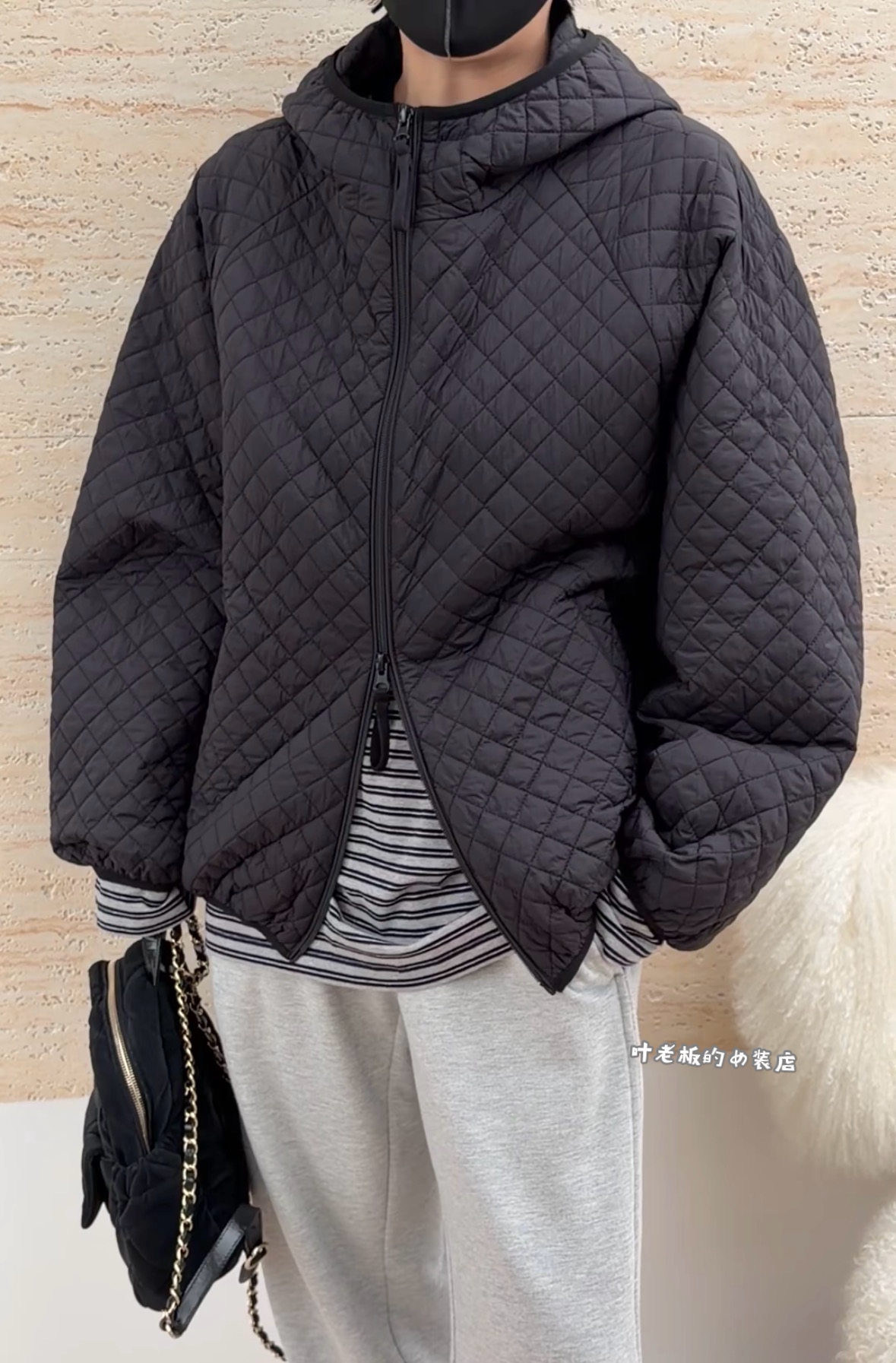 P2015菱格薄棉衣 诗歌兰欧货女装26秋款休闲黑色拉链连帽外套女