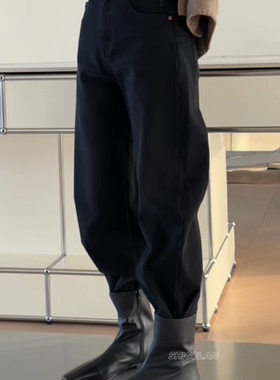 15083诗歌兰女装2025冬款 黑色烟管裤刺绣字母加绒牛仔裤女靴裤