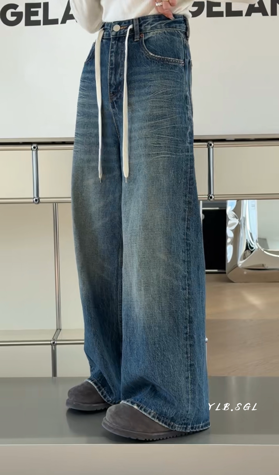 13265诗歌兰女装2025秋冬款 时尚气质蓝色抽绳阔腿裤直筒牛仔裤女