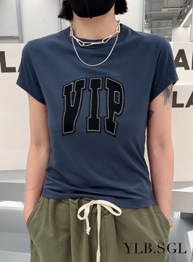 58337诗歌兰女装2025夏款 时尚气质蓝色圆领短袖字母修身T恤女