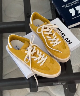 诗歌兰女鞋2026春款 百搭黄色擦色系带休闲鞋厚底帆布鞋女德训鞋