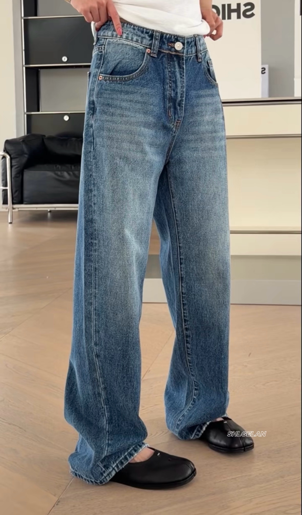 C26638直筒裤 诗歌兰女装2026春款气质深蓝色口袋皮牌显瘦牛仔裤