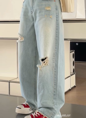 H7140破洞牛仔裤 诗歌兰韩货女装2026春款气质浅蓝色磨破牛仔裤女