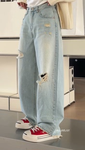 H7140破洞牛仔裤 诗歌兰韩货女装2026春款气质浅蓝色磨破牛仔裤女