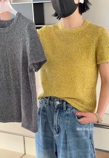 Z1103针织短袖 诗歌兰欧货女装2026春款气质黄色亚麻丝圆领上衣