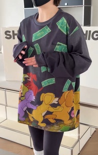 Z46诗歌兰欧货女装 2026早春款气质复古水洗灰蓝色发财狗狗T女