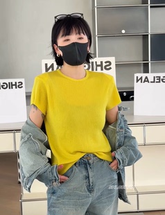 P53005针织短袖 诗歌兰欧货女装2026春款 简约百搭黄色薄垫肩上衣